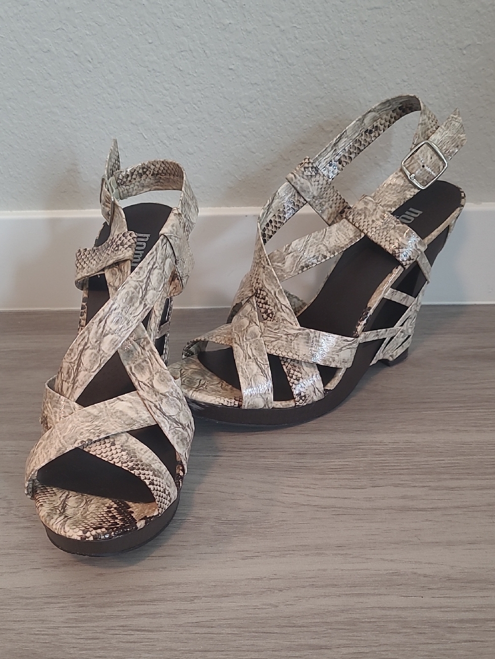 nomi Snake-Print Crisscross Wedge Sandals - Beige